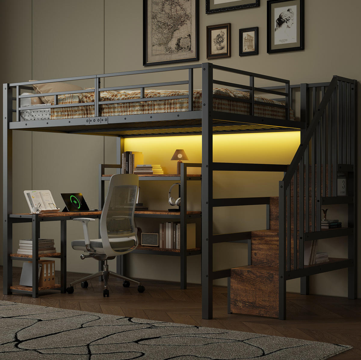 VYSOKÁ posteľ 140/200 cm čierna z MDF a kovu s písacím stolom schodmi úložným priestorom LED a USB - čierna, kov (140/200cm) - OKWISH