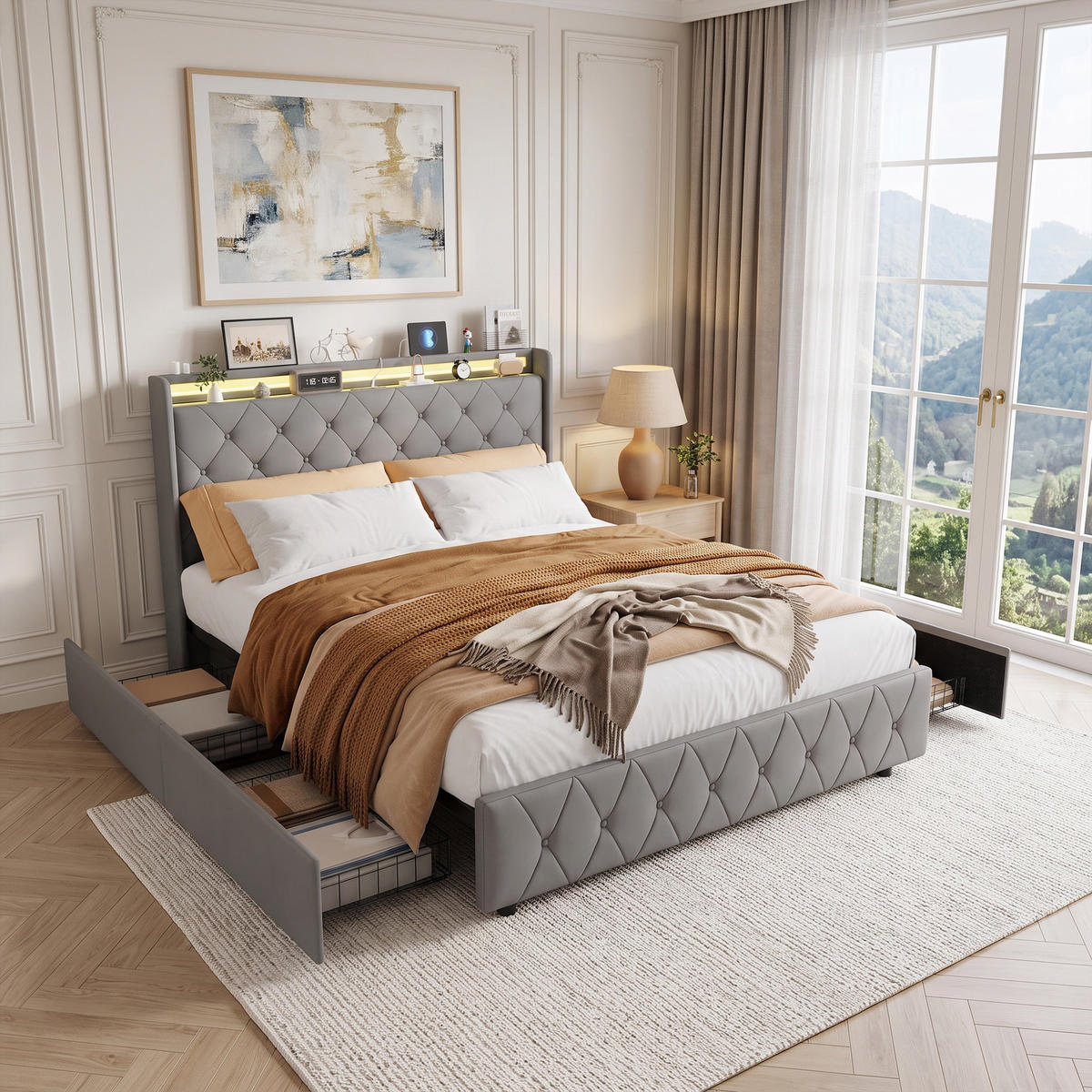 POLSTERBETT, LED-Beleuchtung Doppelbett 140x200cm mit Ladefunktion und 4 Schubladen, Samt, grau - Grau, Holz/Holzwerkstoff (140/200cm) - GENKI LIVING