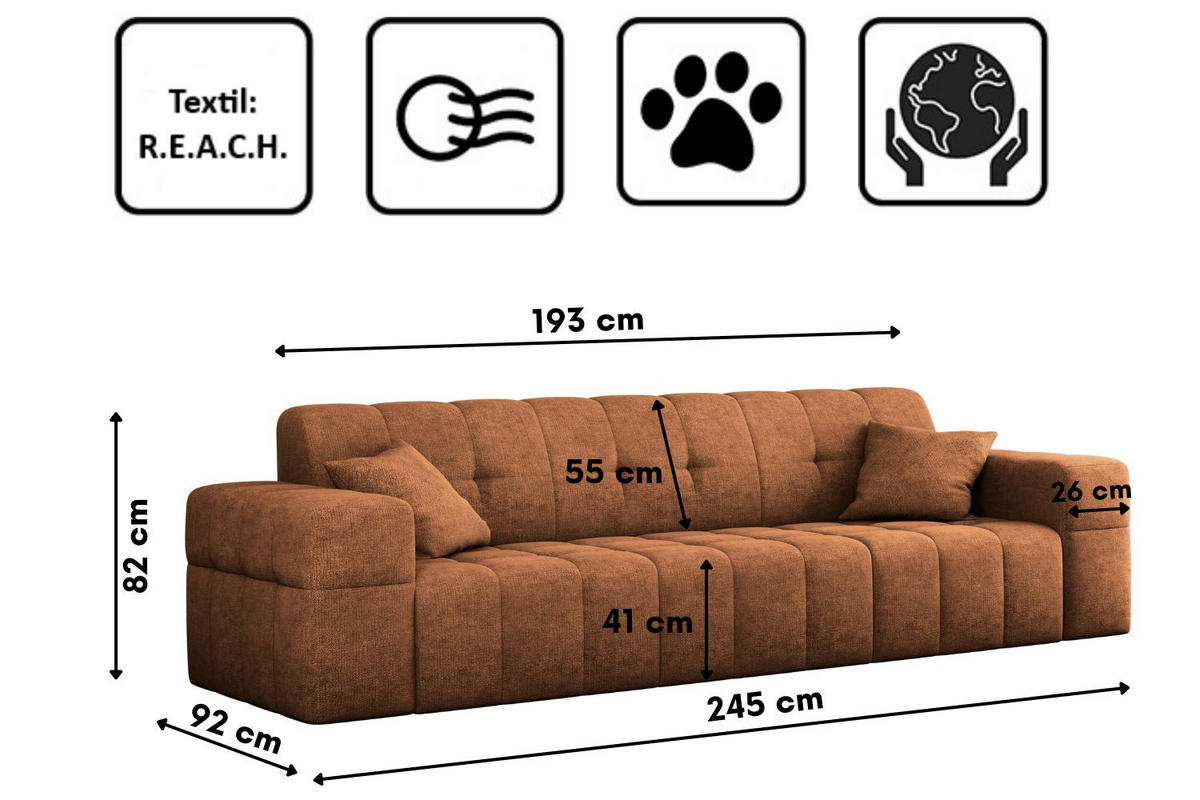 SOFA 3 Sitzer NIMES Stoff Perfect Harmony Orange - Orange, Holz (245/82/92cm) - Kaiser Möbel