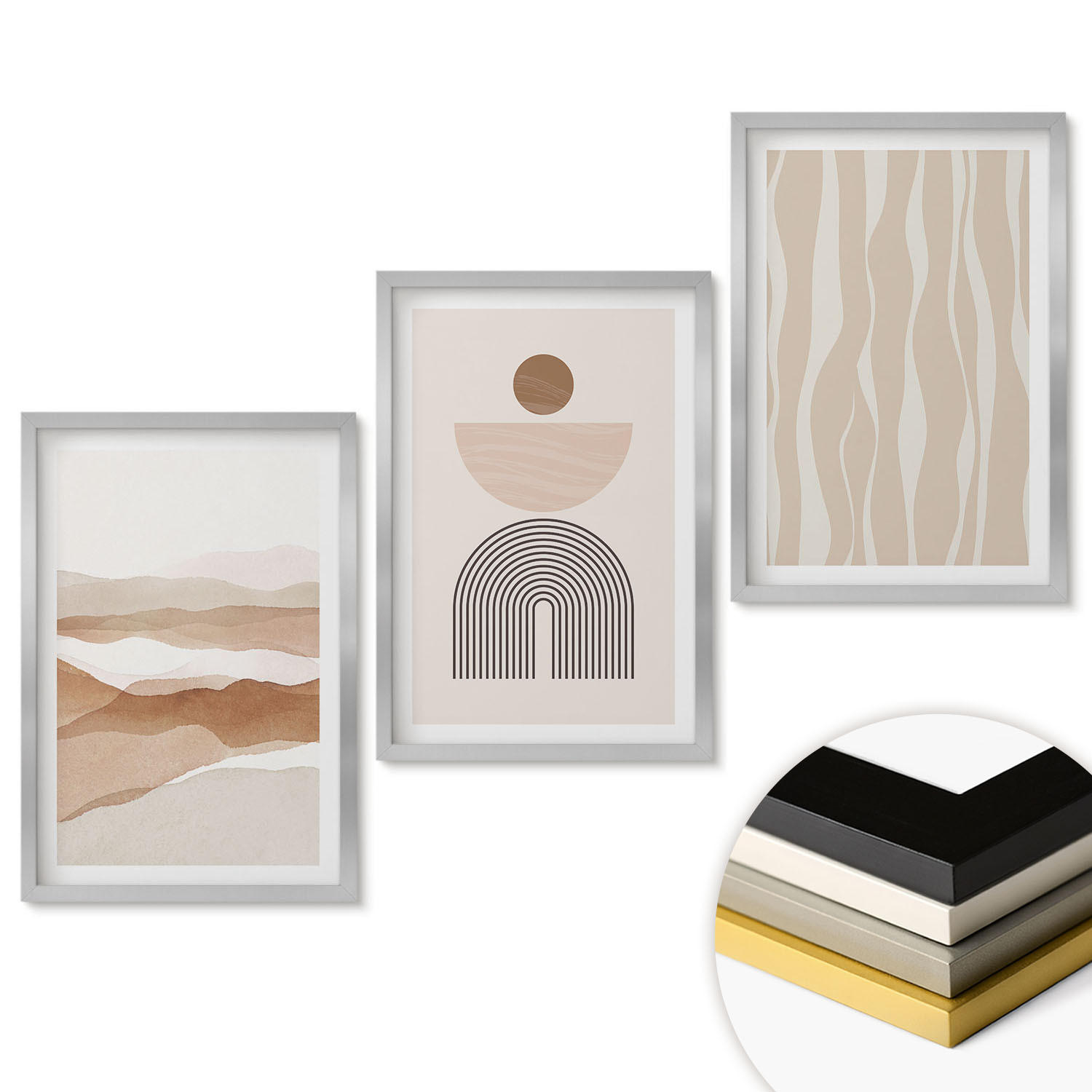WANDBILDER 3er Set - 40x60 cm Silberner Rahmen - Abstrakte Landschafts- und Naturgeometrie - Silberfarben, Kunststoff (40/60cm) - ArtPrintCave