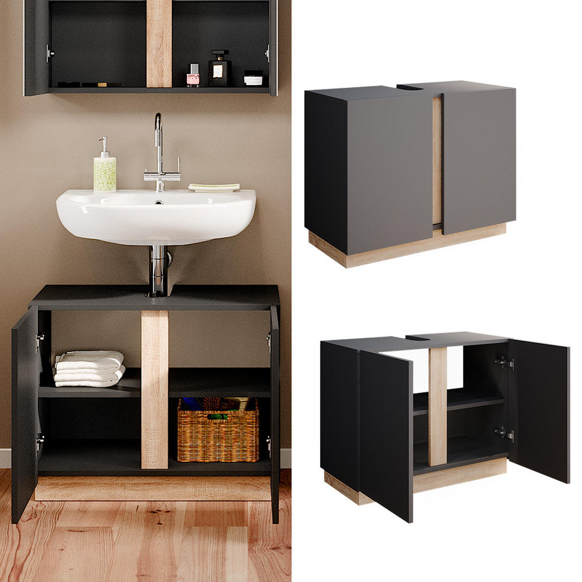 WASCHBECKENUNTERSCHRANK Gloria Anthrazit 70.4 x 55.5 cm mit 2 Türen - Anthrazit, Holzwerkstoff (70.4/55.5/34.6cm) - Vicco