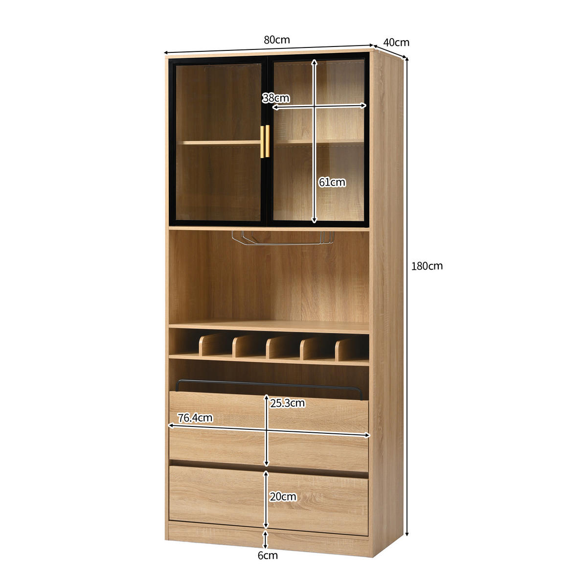 VITRINE 80x40x180 cm Naturfarben mit Glastüren & LED-Lichtleiste - Naturfarben, Holzwerkstoff (80/180/40cm) - Modfu