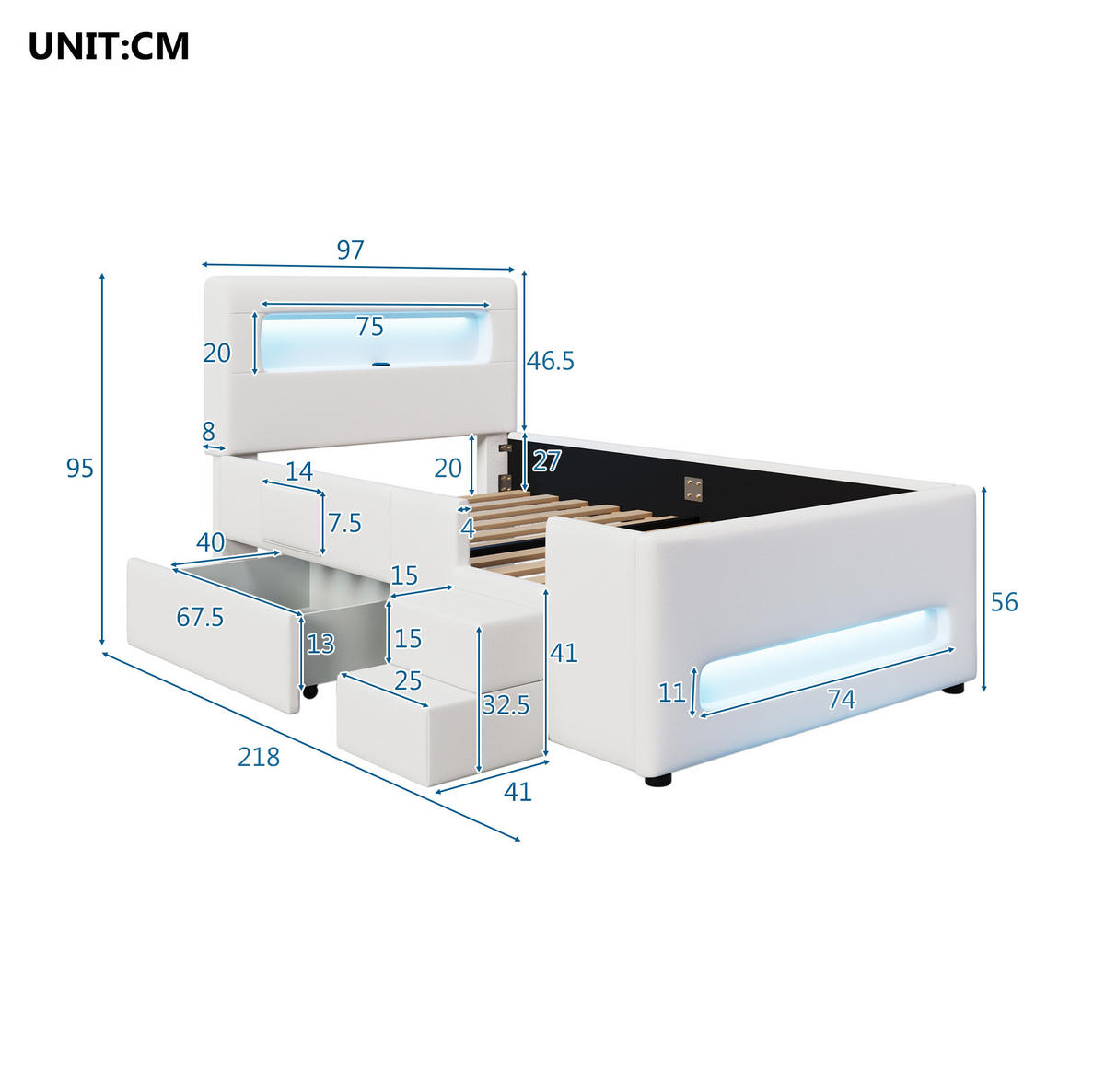 POLSTERBETT 90/200 cm mit LED-Beleuchtung, Treppe, Schublade und PU-Bezug, Weiß - Weiß, Holzwerkstoff (90/200cm) - Redom