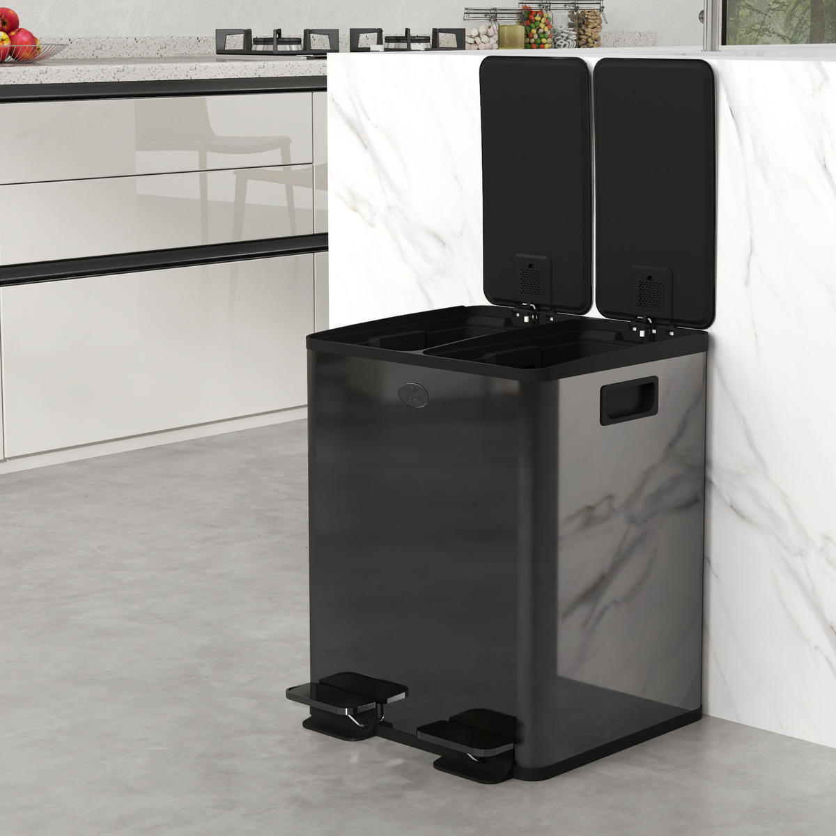 DOPPELMÜLLEIMER 2 x 20 L DE-08937 mit Pedalöffnung & Soft-Close Schwarz - Schwarz, Metall (36/51.6/45.8cm) - ComfortXL