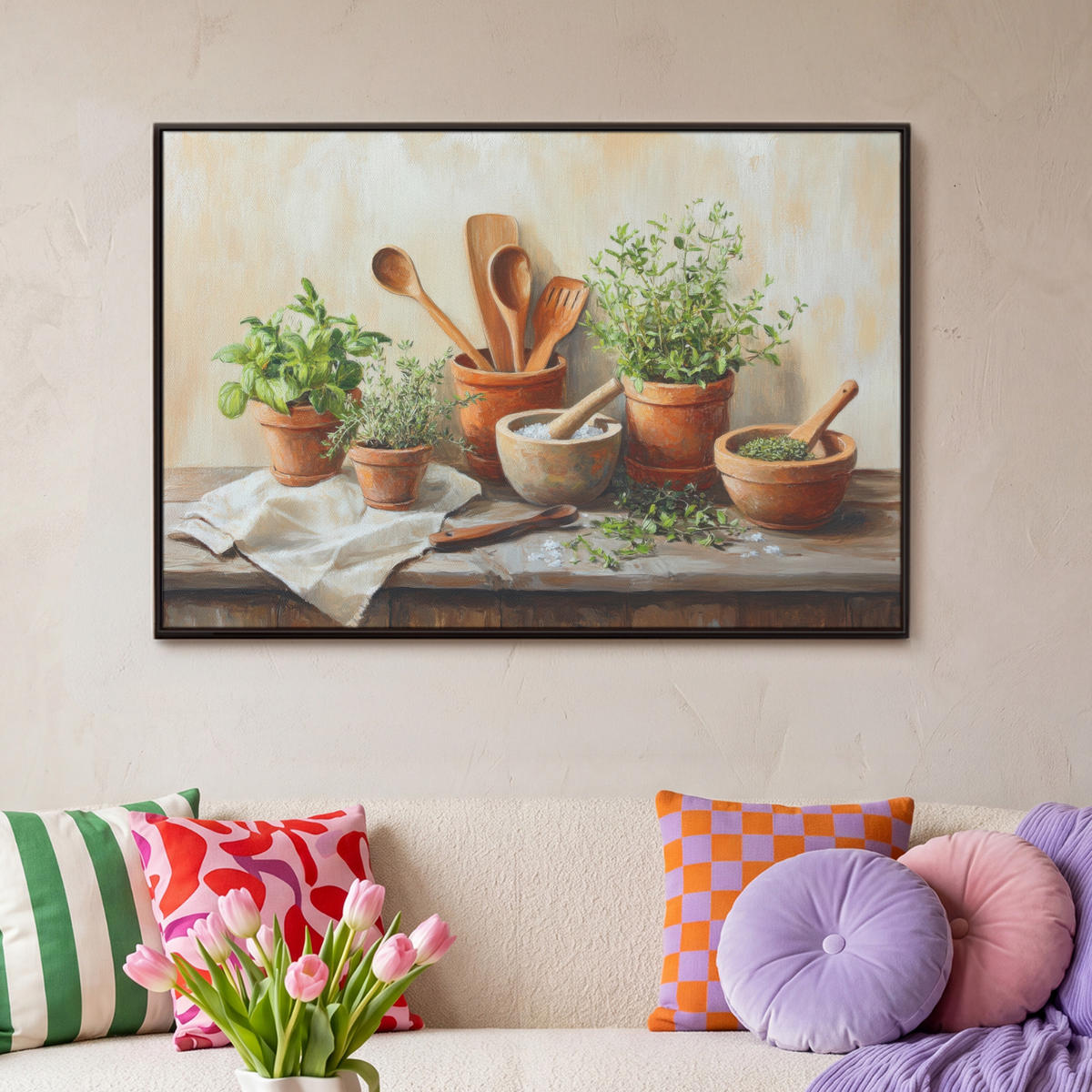 LEINWAND Bilder mit Rahmen - Töpfe - Kräuter - Holz - 90x60 - Terracotta, Textil (90/60cm) - MuchoWow