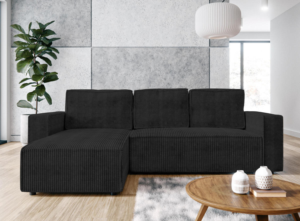 ECKSOFA L Form Aydin Dunkelgrau 258/169/85 cm Cord Universal mit Schlaffunktion - Dunkelgrau/Schwarz, Kunststoff/Textil (258/169cm) - AX Living