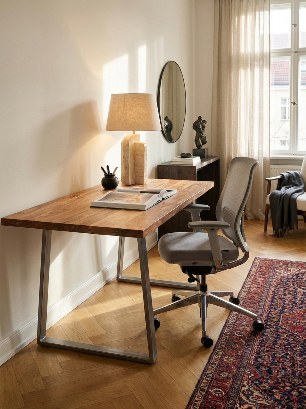 SCHREIBTISCH Massivholz Baumkante Chromgestell Handarbeit TARN, Goldbraun-Chrom 160x80x76 cm - Chromfarben/Braun, Holz/Metall (80/160/76cm) - KADIMA DESIGN