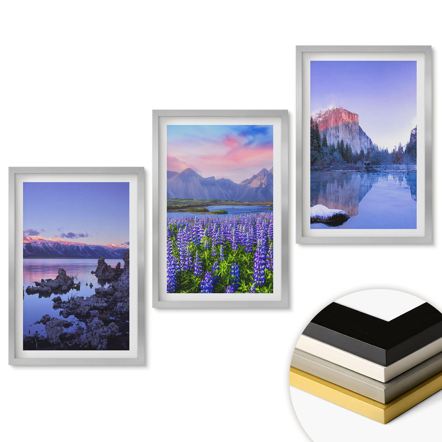 WANDBILDER 3er Set - 40x60 cm Silberner Rahmen - Berglandschaften mit Wasser und Himmel - Silberfarben, Kunststoff (40/60cm) - ArtPrintCave