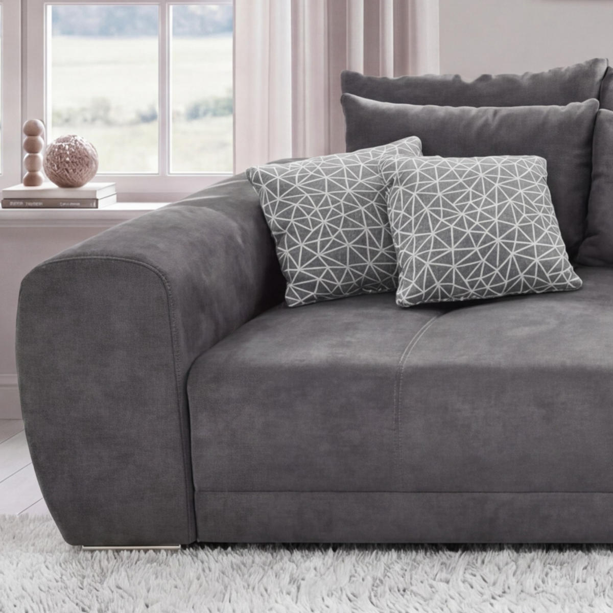 BIG-SOFA Federkern B306/T134/H86 cm, Liegefläche 120x240 cm, Mikrofaser Grau / 15114 - Chromfarben/Grau, Textil/Metall (306/86/134cm) - luma-home