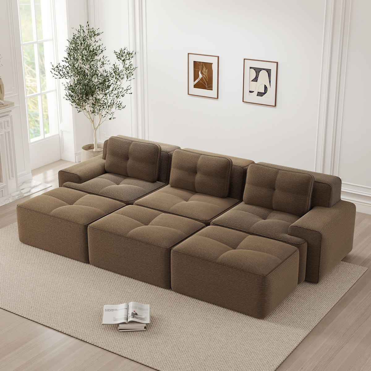 MODULARES Sofa aus Cord in Braun 293x177x69 cm mit Schlaffunktion und 74 cm Sitztiefe - Braun, Textil (177/69/293cm) - IVMEU