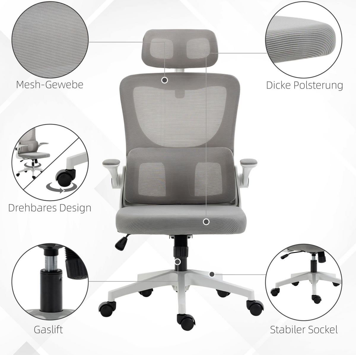 GAMINGSTUHL 60/59/114-122 cm, ergonomisch, höhenverstellbar, Mesh, grau - Grau, Textil (59/122/60cm) - Redom
