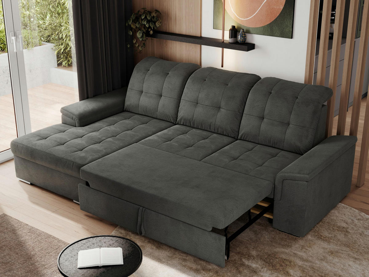 ECKSOFA MADRITO L - Dunkelgrau Velorus - Links - Dunkelgrau/Silberfarben, Textil/Metall (160/256cm)