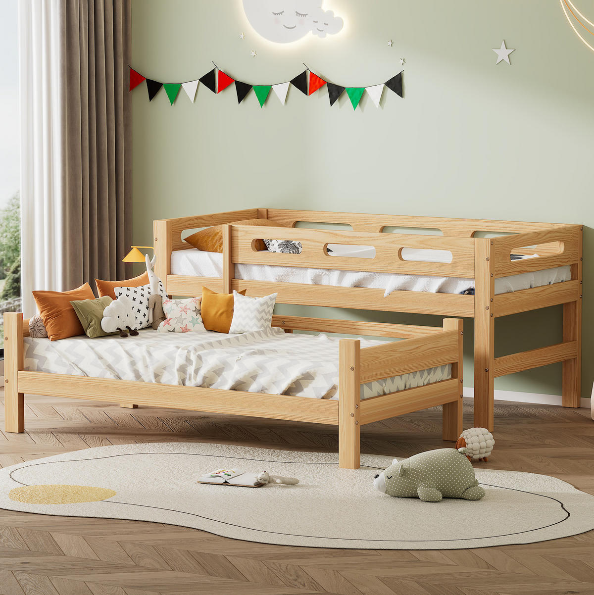 ETAGENBETT 90/200 cm aus Kiefer massiv teilbar in 2 Einzelbetten - Naturfarben, Holz (90/200cm) - BEAOK