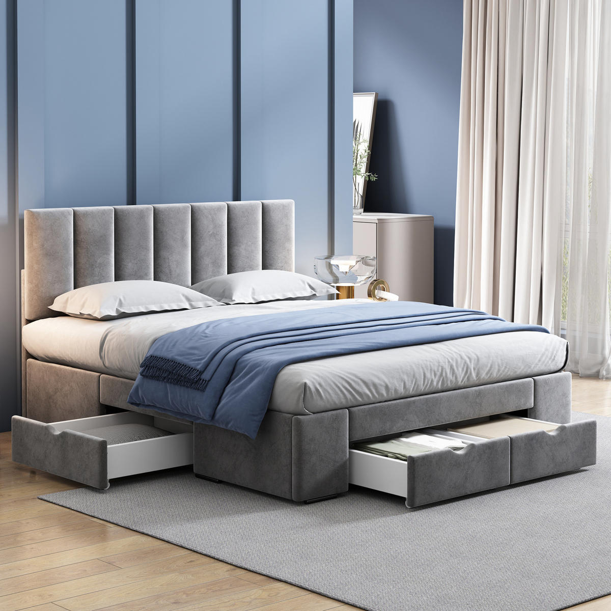 POLSTERBETT 140/200 cm Grau aus Samt mit 4 Schubladen - Grau, Textil (140/200cm) - OKMYHOME