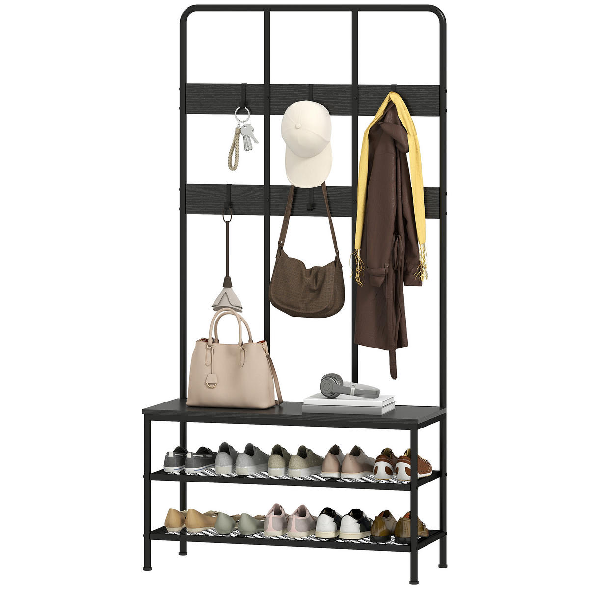 GARDEROBENSTÄNDER 3-in-1 DE-09781 mit Sitzbank und Schuhregal Schwarz - Schwarz, Metall (36/180/91cm) - ComfortXL