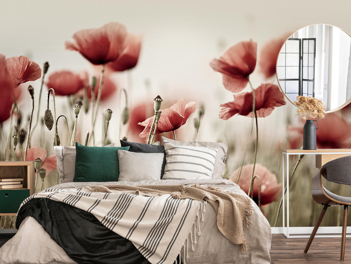 FOTOTAPETE für Wohnzimmer Zarte Mohn Blumen Wiese Rot 250x175 - Beige/Rot, Papier (250/175cm) - Muralo