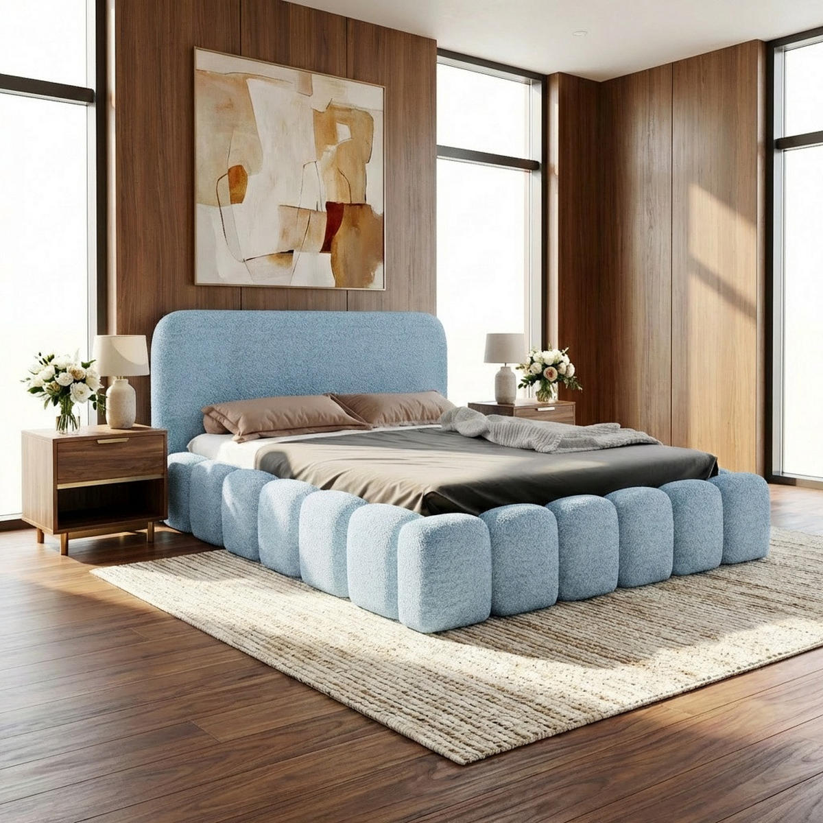 POLSTERBETT MONI 160x200 mit Bettkasten und Lattenrost – Bouclé Stoff MONTE Hellblau - Schwarz, Textil (180/200cm) - Luxkor24