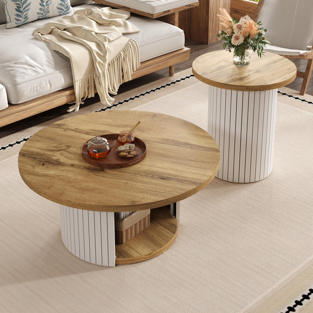 COUCHTISCH in Naturfarben Wohnzimmertisch- Set mit 2 runden Tischen,B75/T75/H50cm und B45/T45/H35cm - Weiß/Naturfarben, Holzwerkstoff (75/75/50cm) - STILVORA