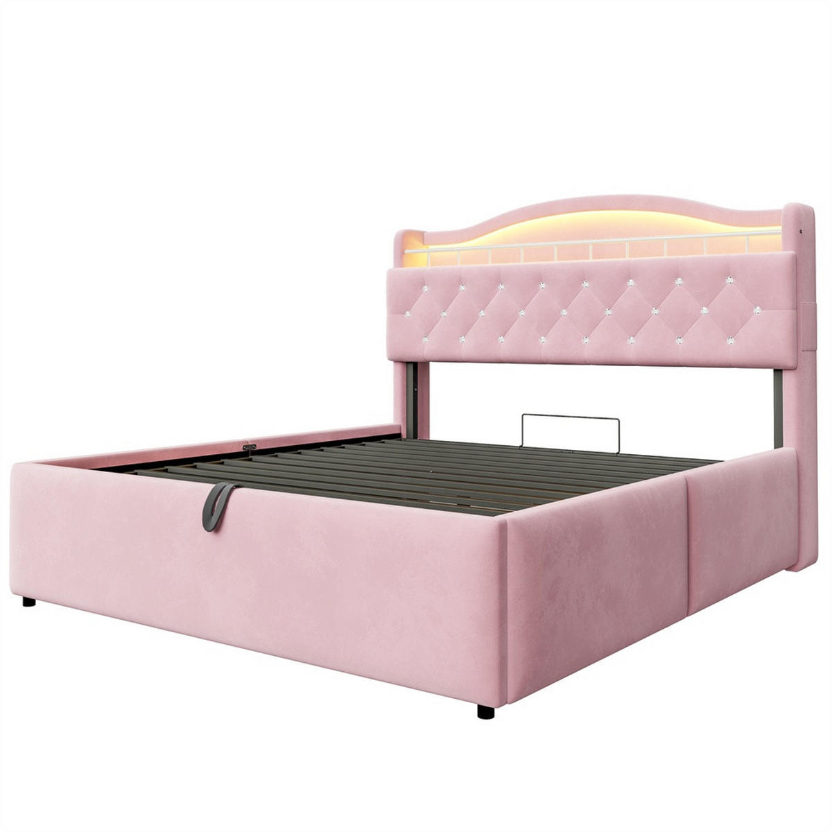 POLSTERBETT 140x200 cm mit hydraulischem Stauraum - LED Beleuchtung & Ladestation - Rosa - Ohne Matratze - Pink, Textil (140/200cm) - DELFA