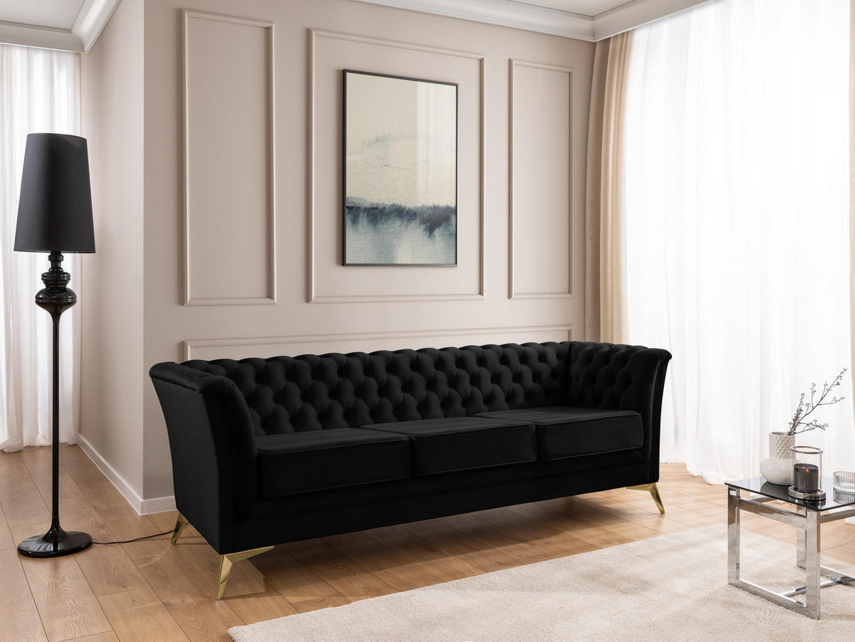 CHESTERFIELD-SOFA 3-sitzer Whitby Schwarz Samt mit goldenen Füßen - Goldfarben/Schwarz, Holz/Textil (237/78/82cm) - S-Style Möbel