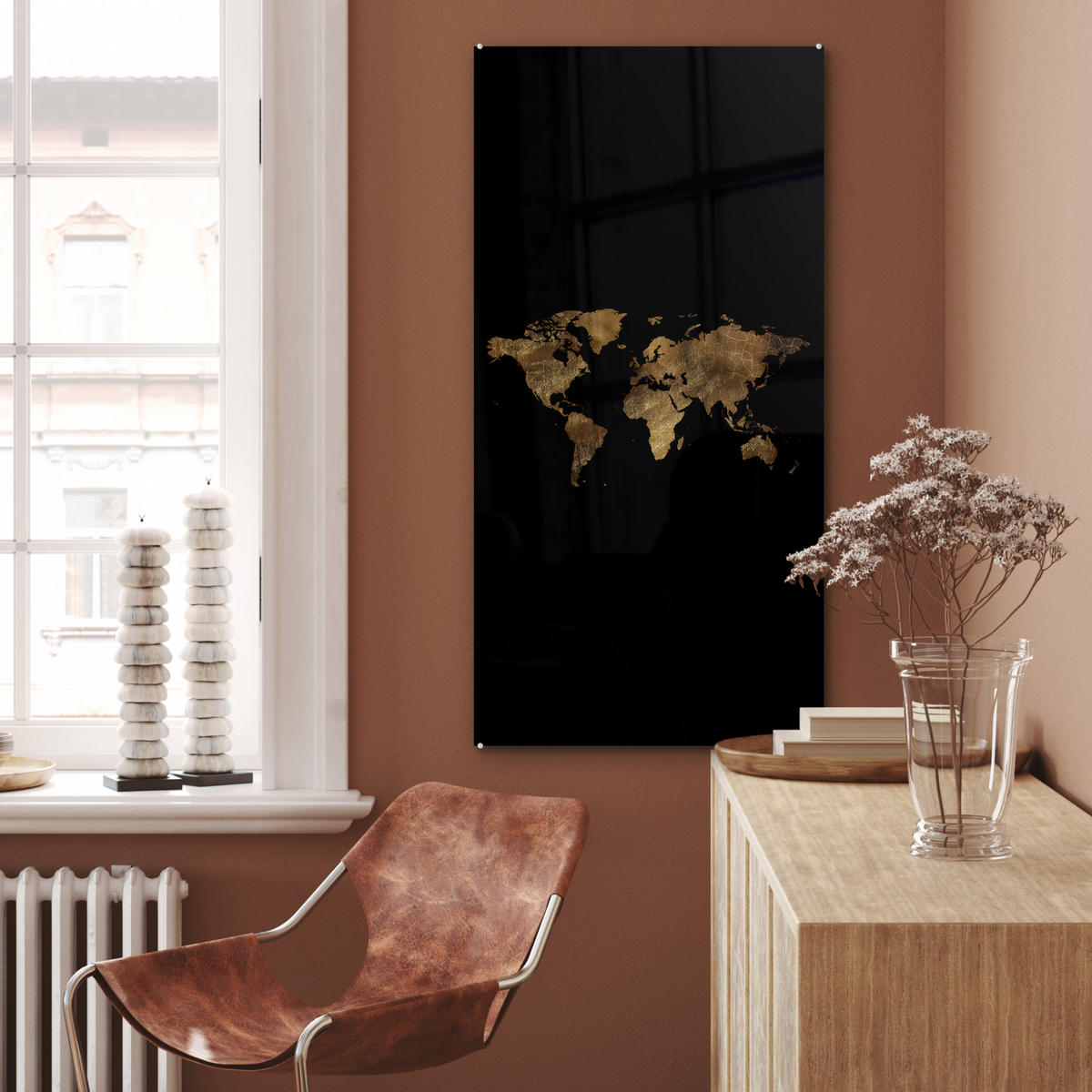 ACRYLGLASBILD Weltkarte - Gold - Luxus - Erde - Schwarz 60x120 cm - Goldfarben, Glas (60/120cm) - MuchoWow