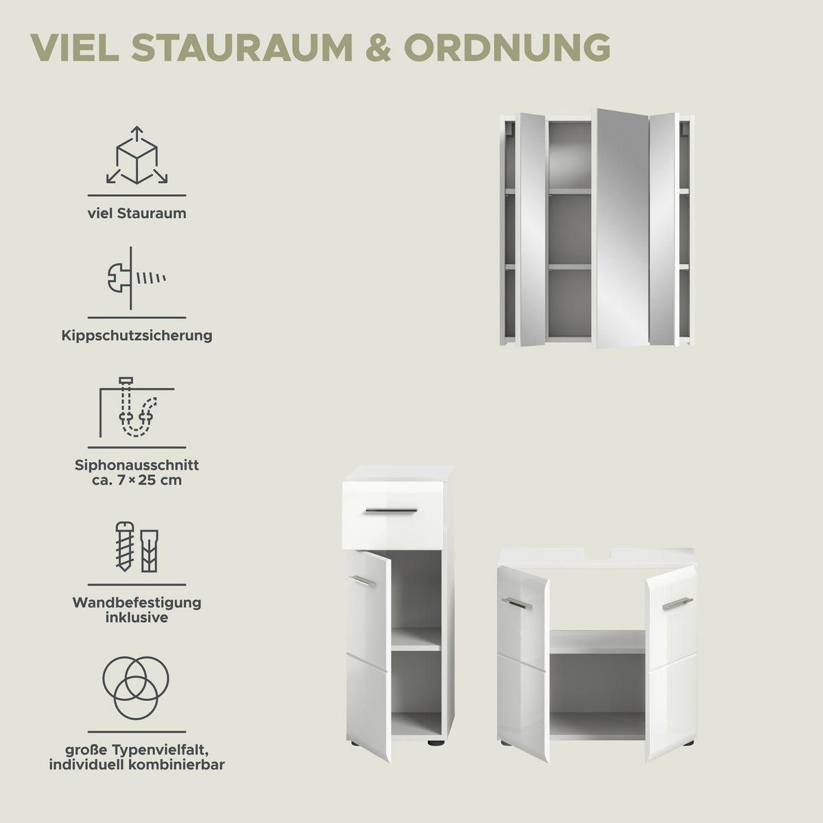 BADKOMBINATION Ice 105x185x30cm weiß Hochglanz MDF 3tlg. - Weiß, Holz (105/185/30cm)