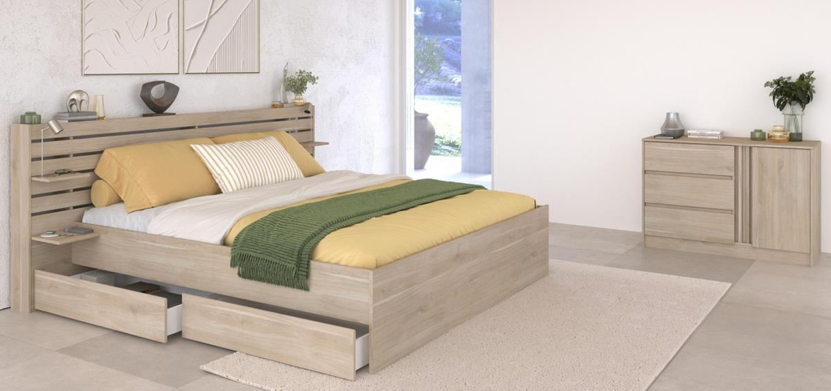 JUGENDZIMMER Eiche japanisch, Set mit Stauraumbett 160 x 200 cm und Kommode - Eichefarben, Holzwerkstoff (203/99/217cm) - Parisot Meuble