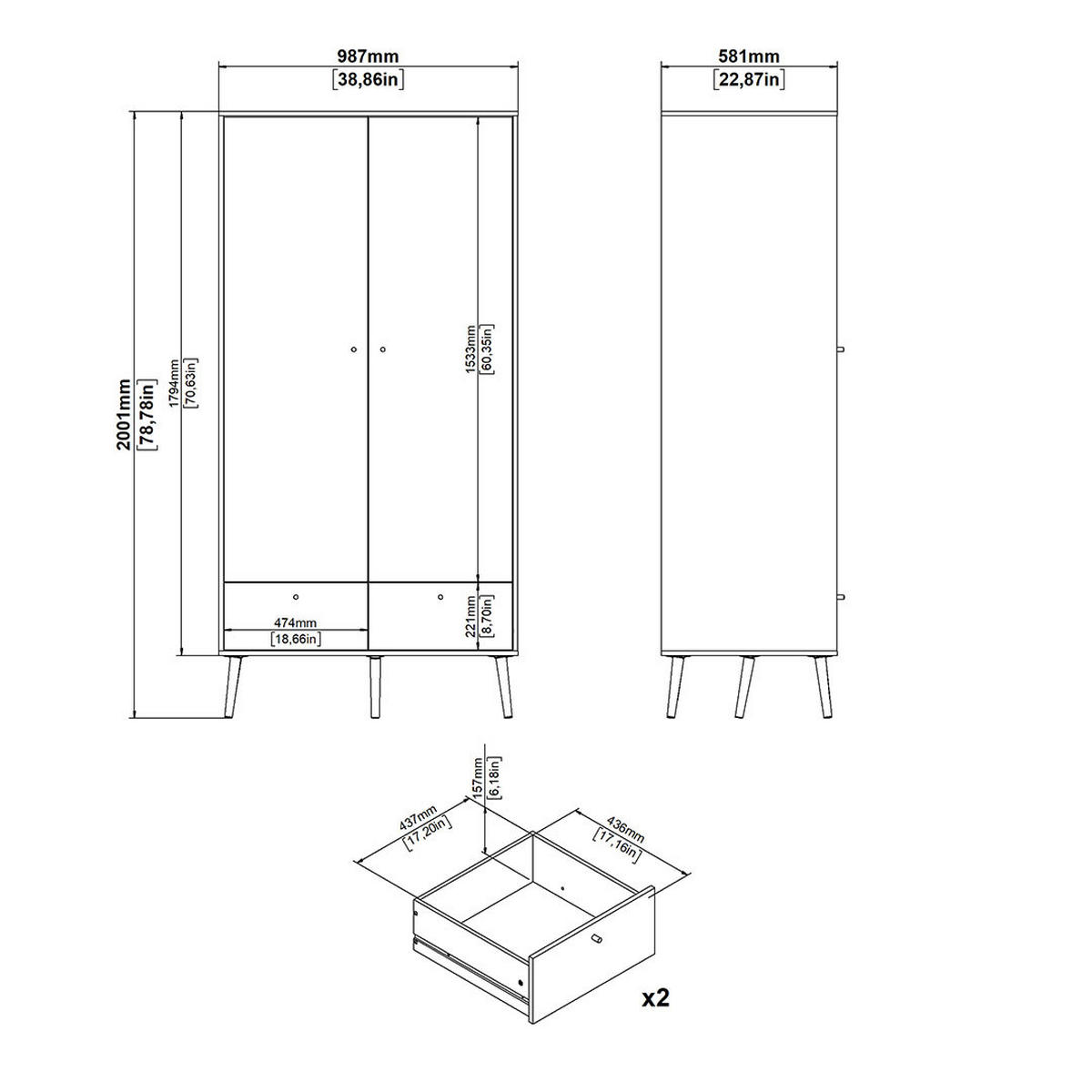 KLEIDERSCHRANK, Bodo, Grau, Holzwerkstoff, 99 x 59 x 201 cm - Grau, Holzwerkstoff (99/201/59cm) - ebuy24