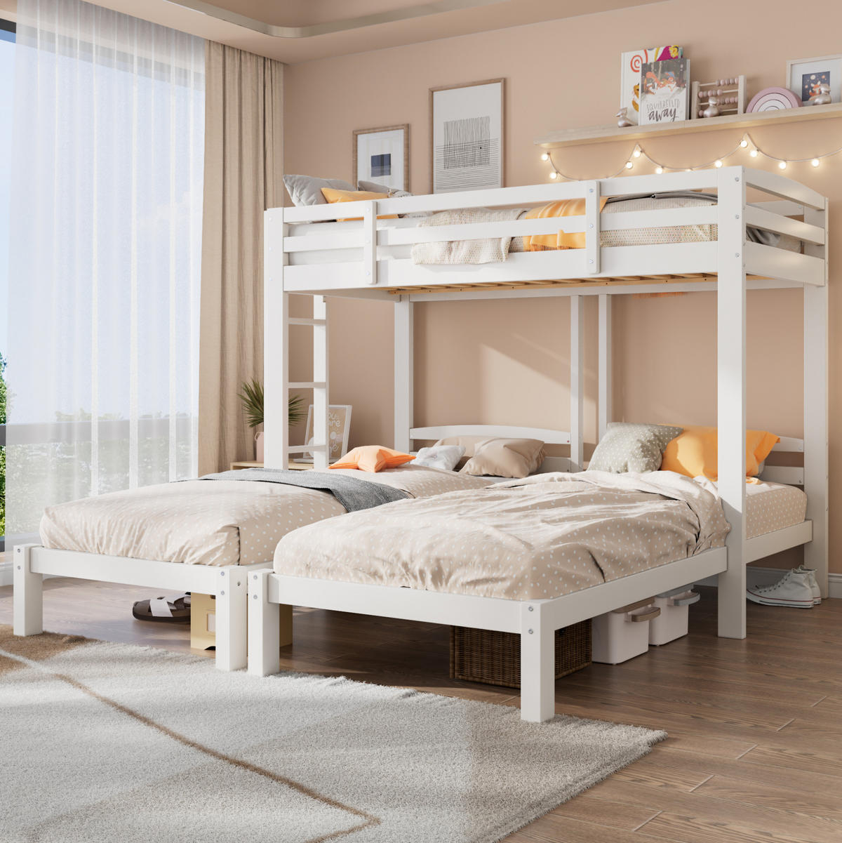 ETAGENBETT 90/200 cm mit Seitenleiter, 3 Schlafplätzen und Massivholzgestell, Weiß - Weiß, Holz (90/200cm) - Redom