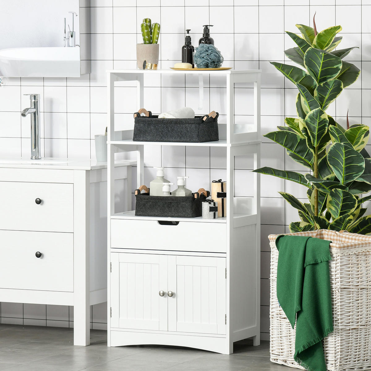 BADEZIMMERSCHRANK DE-17297 2 Türen, Schublade, 3 Regalböden Weiß - Weiß, Holzwerkstoff (33/122.5/60cm) - ComfortXL