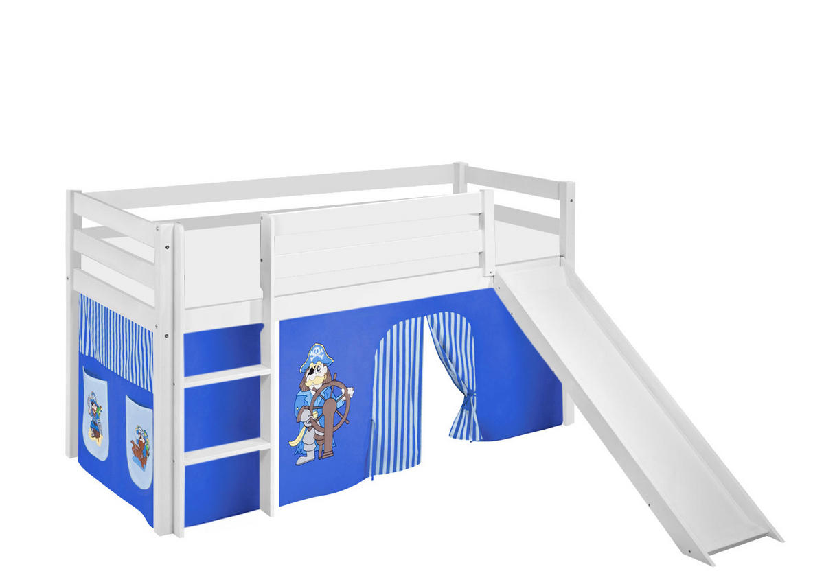 SPIELBETT JELLE Pirat Blau - Hochbett - mit Rutsche und Vorhang - Weiß, Holz - Lilokids