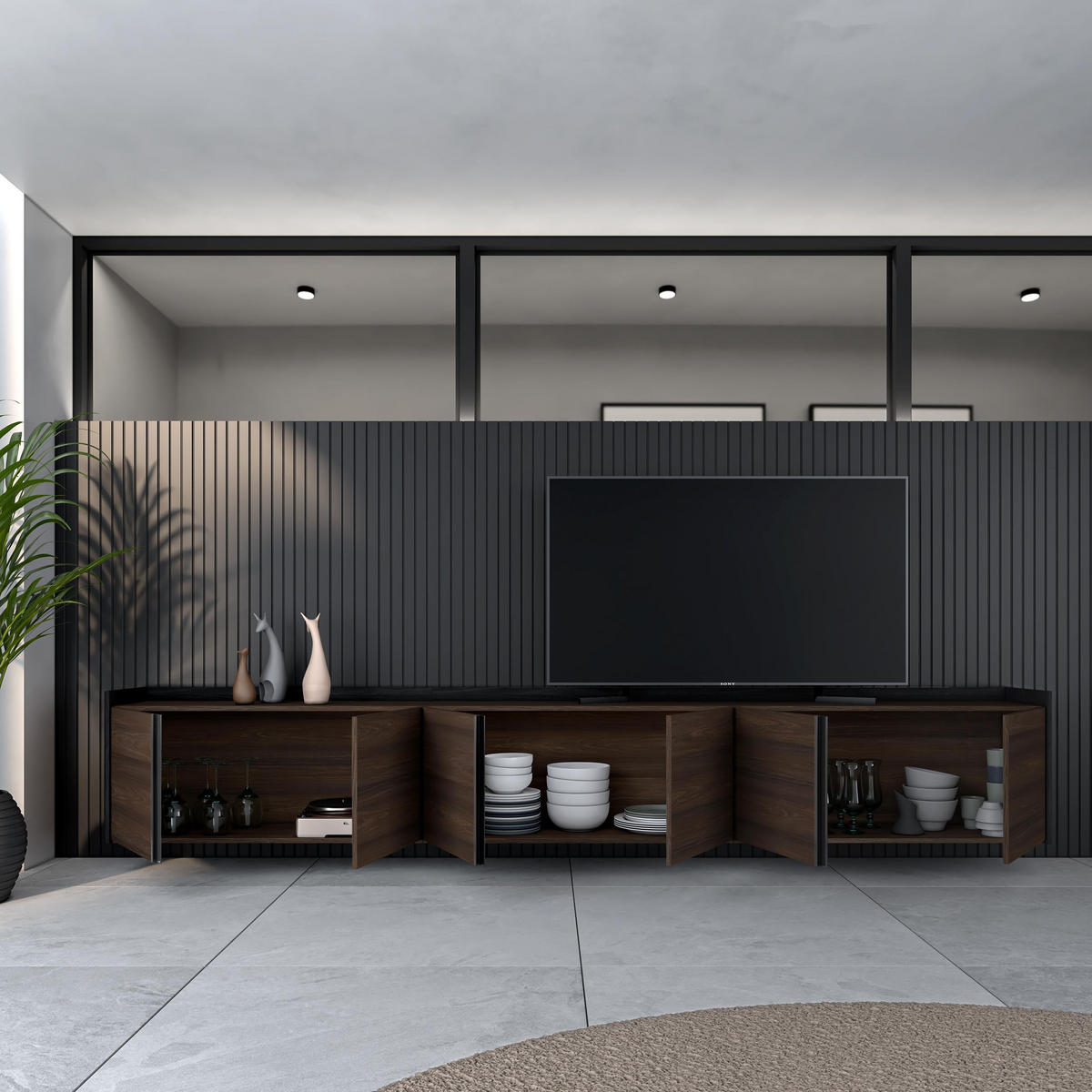 LOWBOARD, Dunkler Eiche und Schwarz, 309/35/50cm, Hängend - Dunkelbraun, Holzwerkstoff (309/50/35cm) - Skraut Home