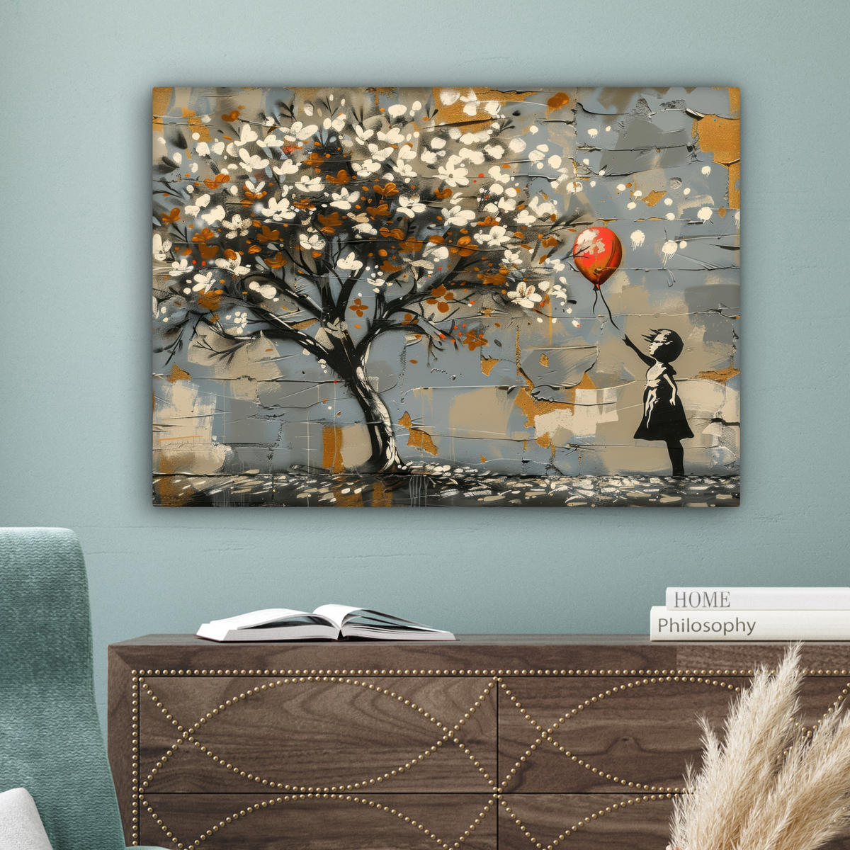 LEINWANDBILD Baum - Graffiti - Banksy-Stil - Ballon-Mädchen Wandbilder 80x60 cm - Blaugrau, Textil (80/60cm) - MuchoWow
