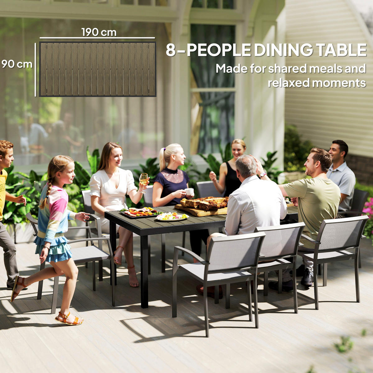GARTENTISCH DE-07264 für 8 Personen, wetterbeständig mit Holzoptik Naturholz - Naturfarben, Kunststoff/Metall (190/90/74cm) - ComfortXL