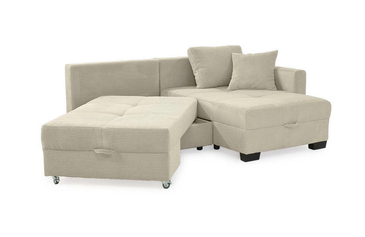 ECKSOFA Doppelbett mit Bettkasten, seitenverkehrt montierbar B247/T155/H87 cm, Liegefläche 183x207 cm, Cord Beige Grau / 15215 - Greige/Beige, Kunststoff/Textil (247/155cm) - luma-home