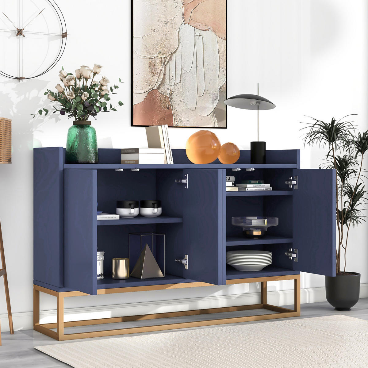 SIDEBOARD, Kommode mit 4 Türen, Verstellbaren Einlegeböden und goldenen Metallrahmen, Blau - Blau, Holz (30/80/120cm)