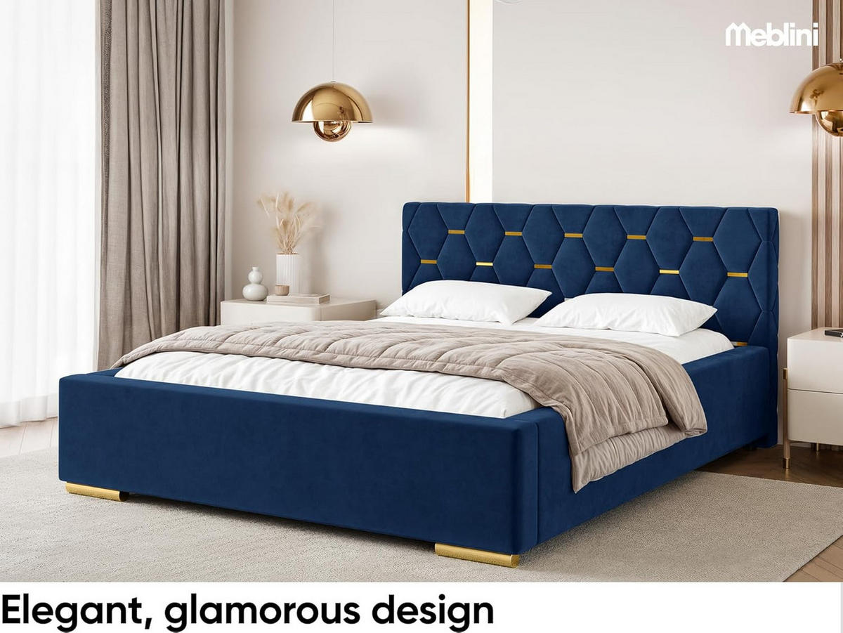 BETT VERSAL - Goldfarben/Dunkelblau, Holzwerkstoff (120/200cm) - Meblini