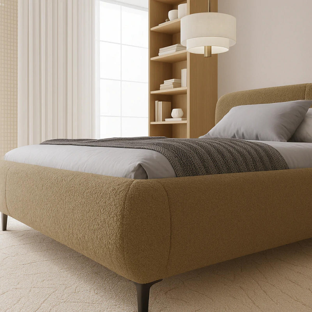 POLSTERBETT ELLE mit Kopfteil, 180 x 200 cm, Doppelbett mit Bettkasten und Lattenrost aus Holz, Bouclé-Stoff, Frabe: Hellbraun - Hellbraun, Holz/Kunststoff (180/200cm) - Sepro Meble