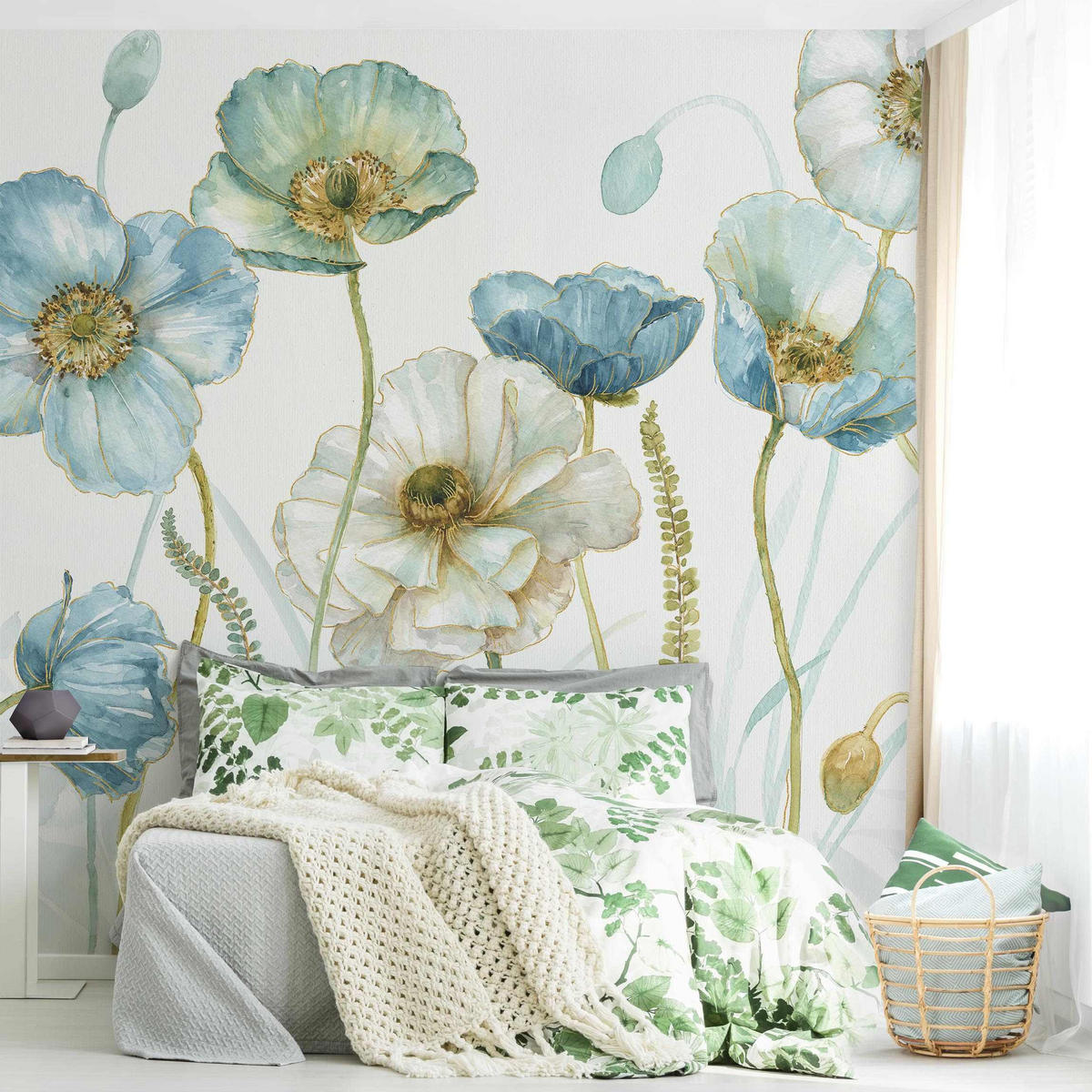 FOTOTAPETE Blüten in Gold und Blau 288/288 cm - Pastellblau, Papier (288/288cm) - Bilderwelten