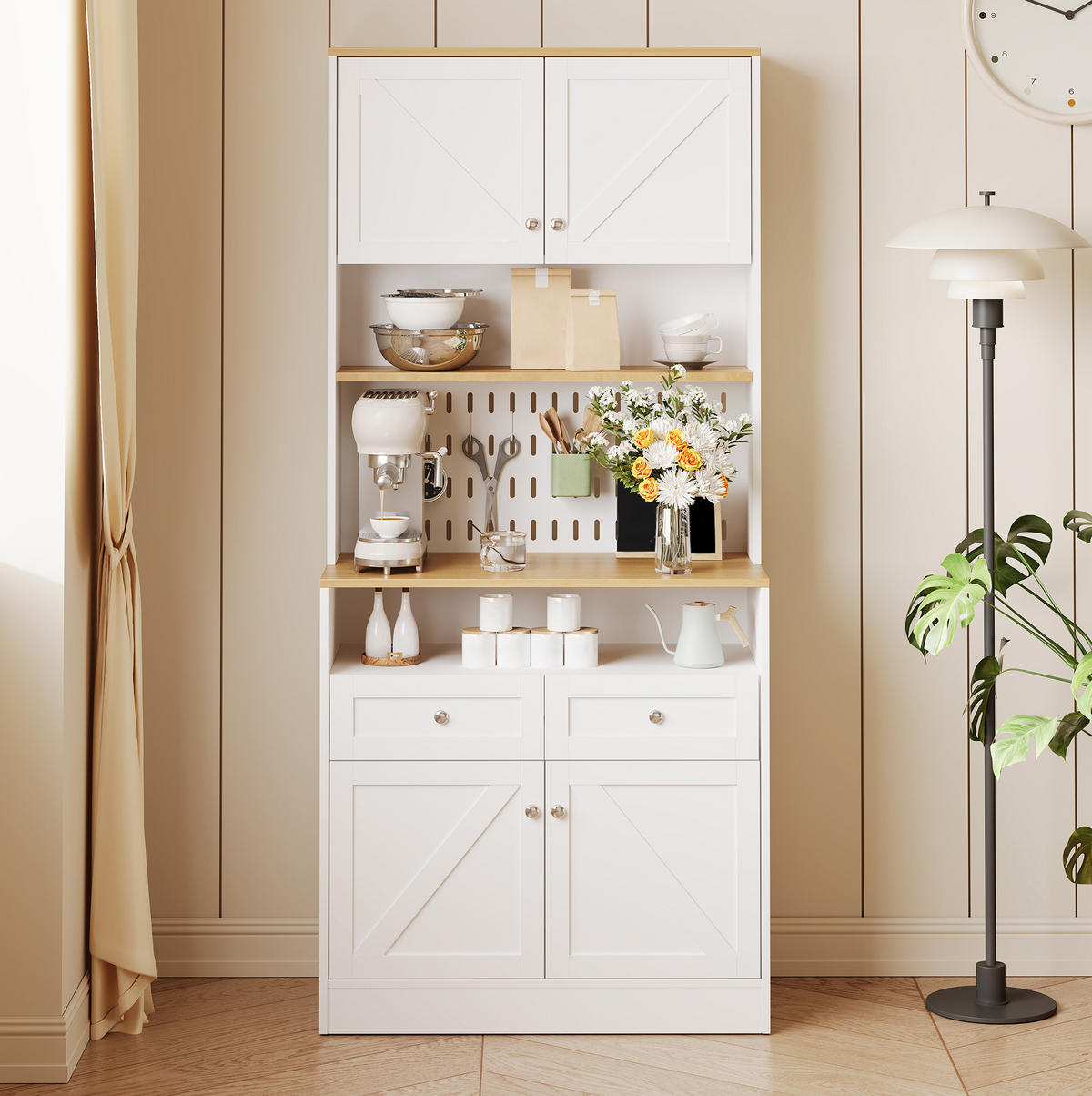 SIDEBOARD 80/40/175 cm weiß/natur aus MDF und Spanplatte mit Lochwand und Schiebetüren - Weiß, Holzwerkstoff (80/175/40cm) - OKWISH