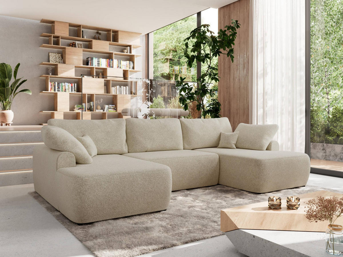 WOHNLANDSCHAFT CUBO U Creme Struktur - Creme/Schwarz, Kunststoff/Textil (370/100/187cm) - MKS