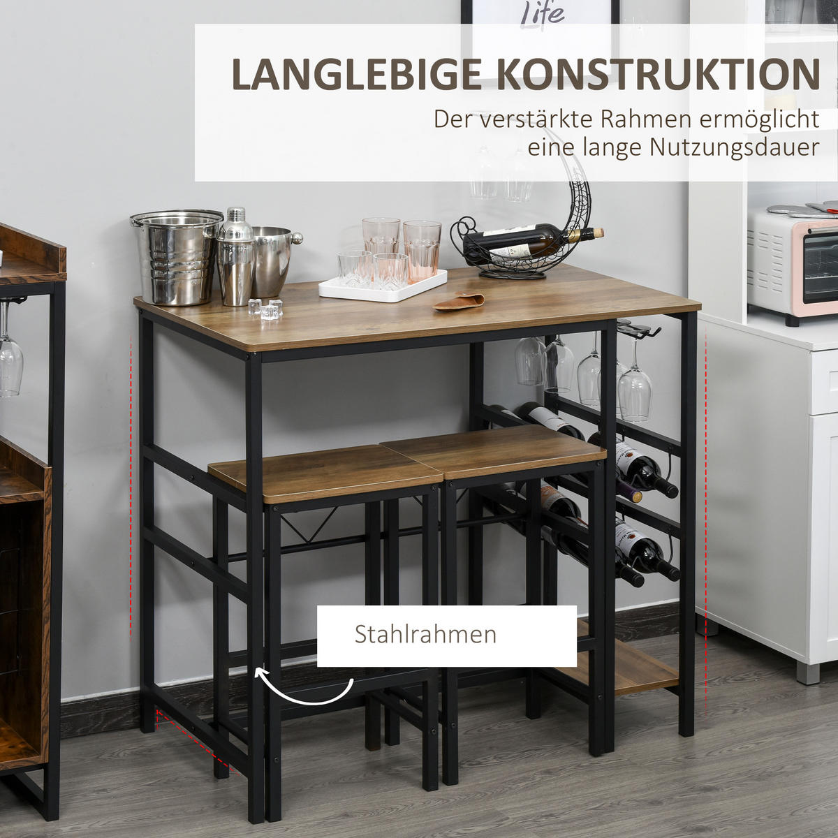 BARTISCH-SET, Spanplatte, Natur+Schwarz - Naturfarben, Kunststoff (60/95/108cm) - HOMCOM