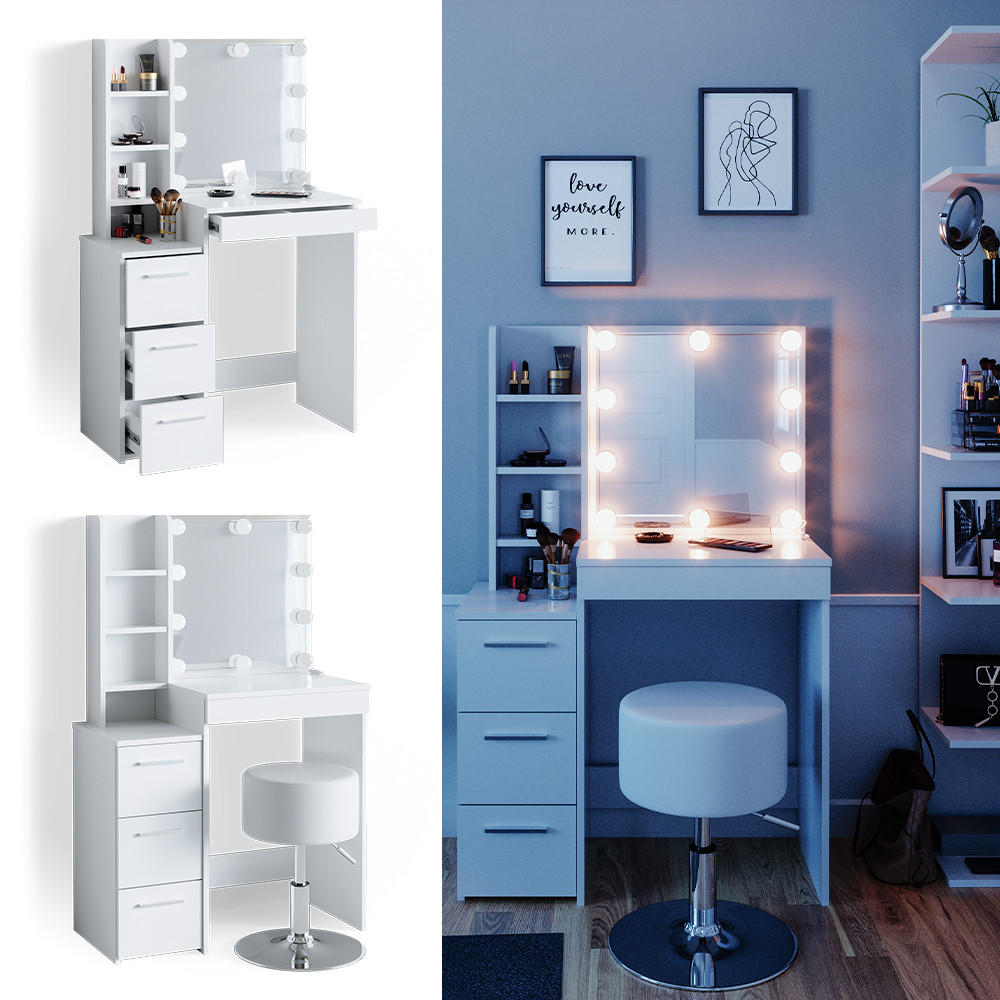 SCHMINKTISCH Meryl Weiß 79.9 cm mit LED Beleuchtung und Hocker - Weiß, Holzwerkstoff (40/127.4/79.9cm) - Vicco