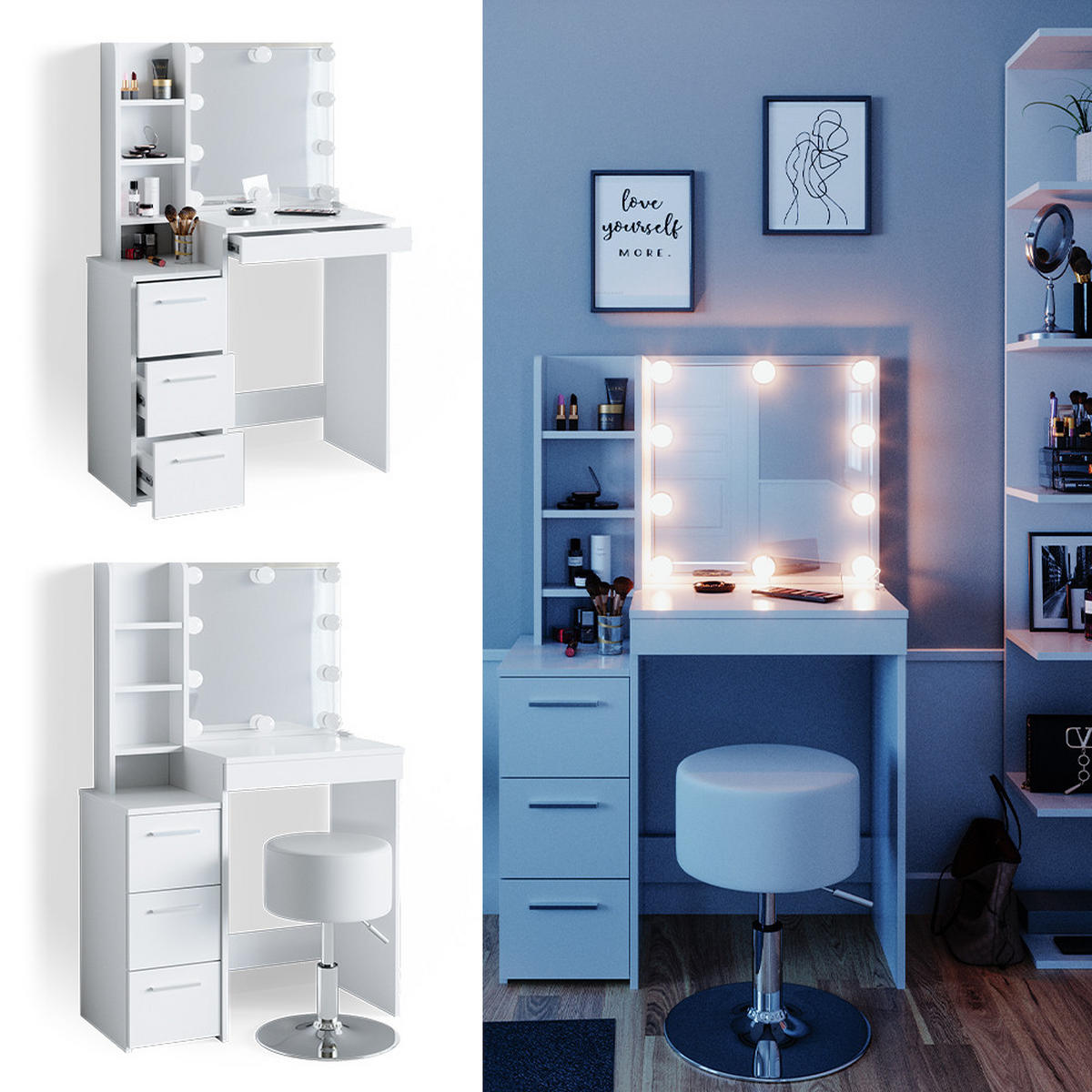 SCHMINKTISCH Meryl Weiß 79.9 cm mit LED Beleuchtung und Hocker - Weiß, Holzwerkstoff (40/127.4/79.9cm) - Vicco