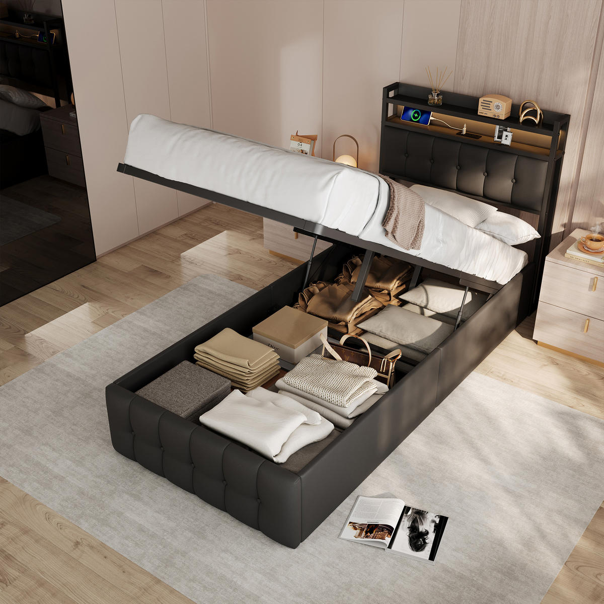 POLSTERBETT 90x200 cm mit stauraum, einzelbett mit bettkasten, USB und LED, lattenrost, schwarz - Schwarz, Leder/Holz (90/200cm) - GENKI LIVING
