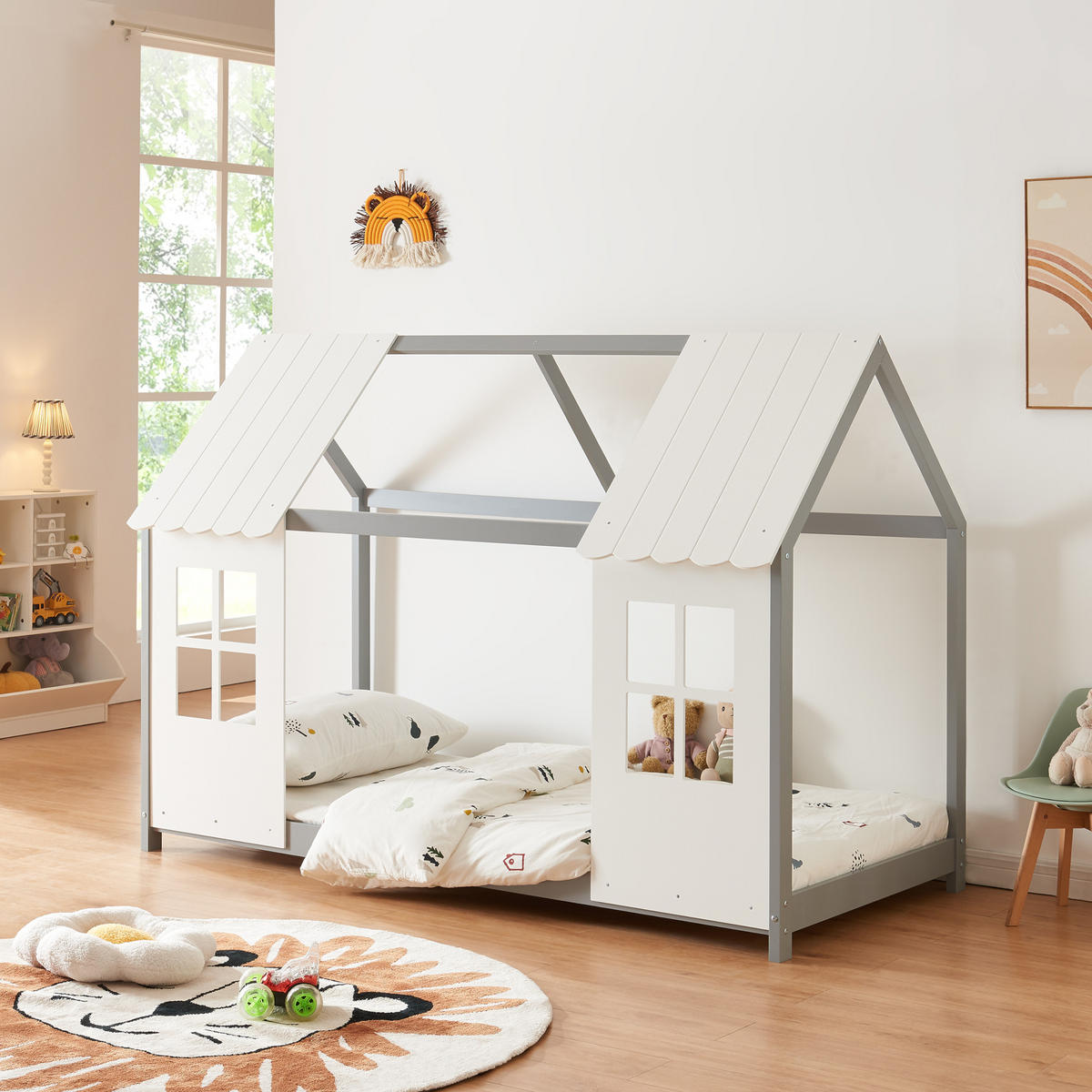 HAUSBETT Tostedt - Weiß/Grau, Holz/Holzwerkstoff (90/200cm) - [en.casa]