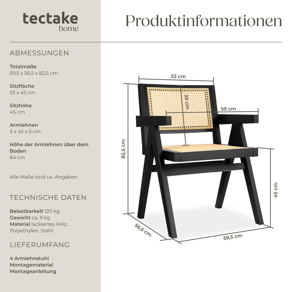 ARMLEHNSTUHL 4er Set Lissy,59 x 56,5 x 82,5 cm, Belastbarkeit 120 kg,schwarz - Schwarz, Holz (59.5/82.5/56.5cm) - tectake