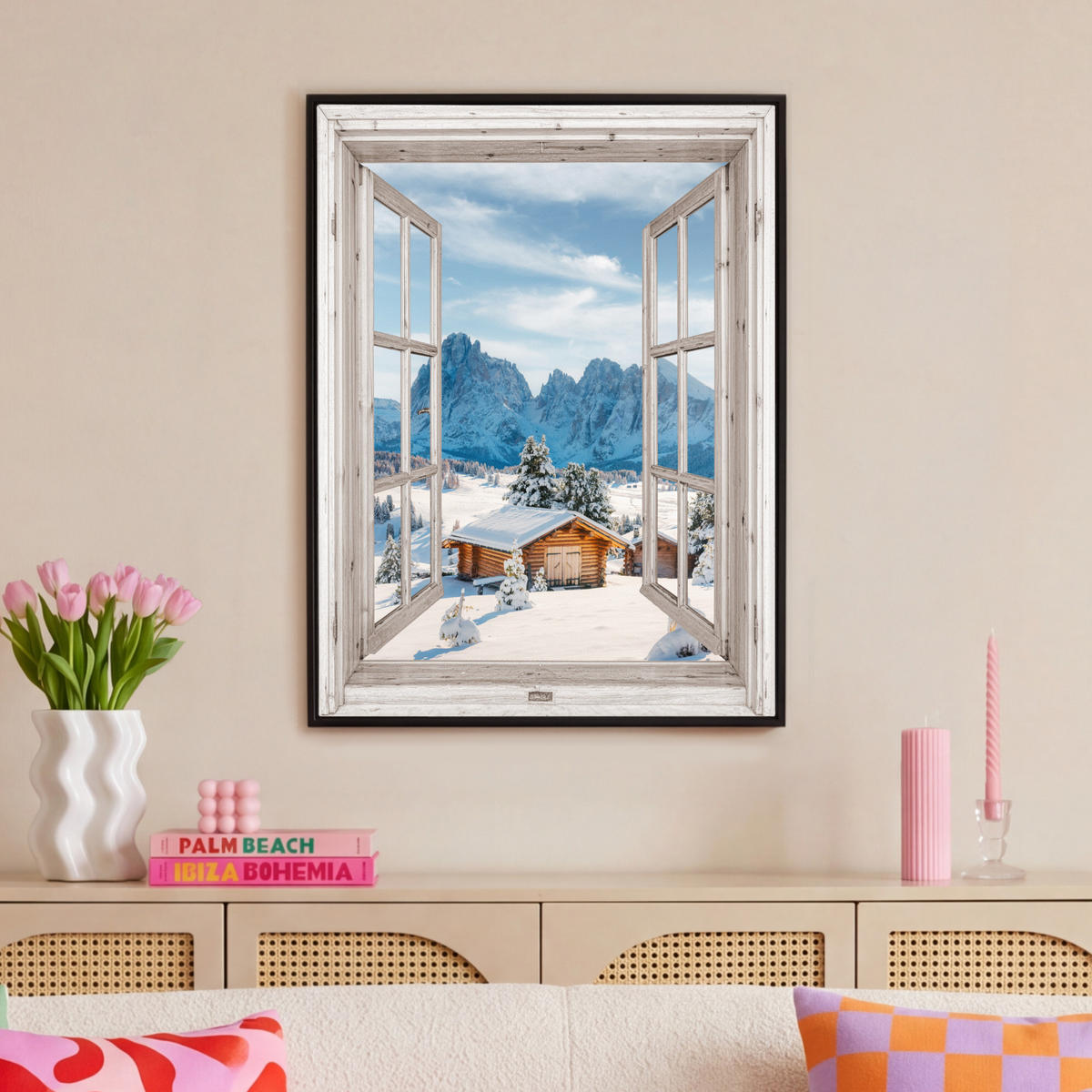 LEINWAND Bilder mit Rahmen - Winterlandschaft - Hütte - Berge - Ausblicke - Aussicht - Natur - 70x100 - Weiß Hochglanz, Textil (70/100cm) - MuchoWow