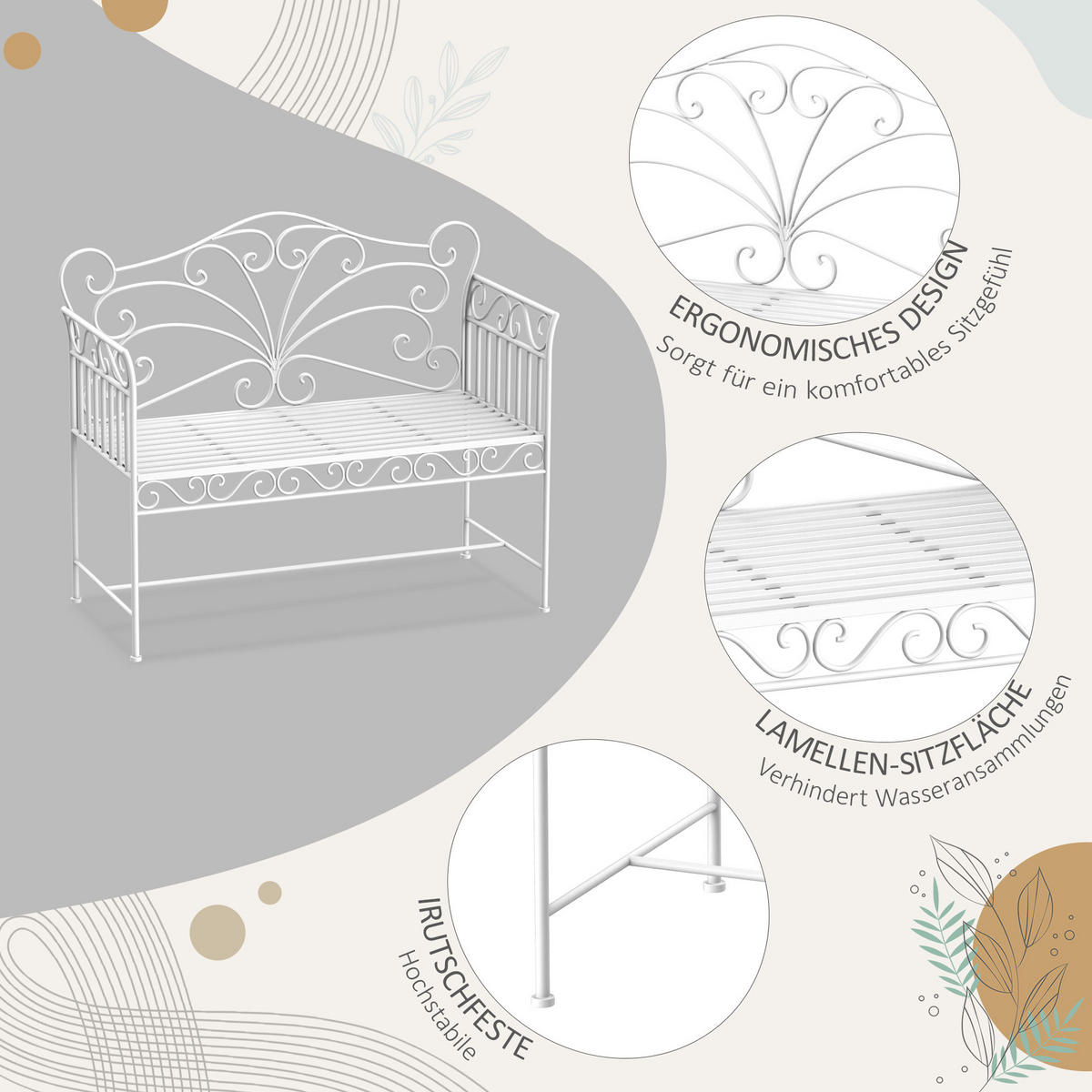 GARTENBANK Sitzbank Blumenbank Parkbank Gartenmöbel 2-Sitzer Metall Weiß - Weiß, Metall (50/96/113.5cm) - Outsunny