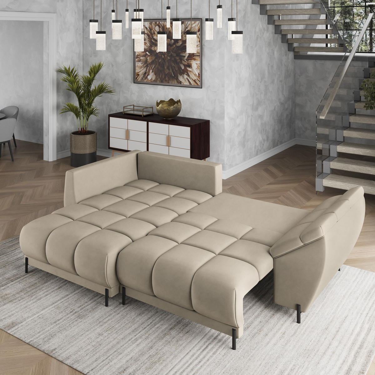 ECKSOFA VESTANO L-S Beige Velours-Stoff mit Schlaffunktion - Beige, Holz (287/182cm) - MASSENO